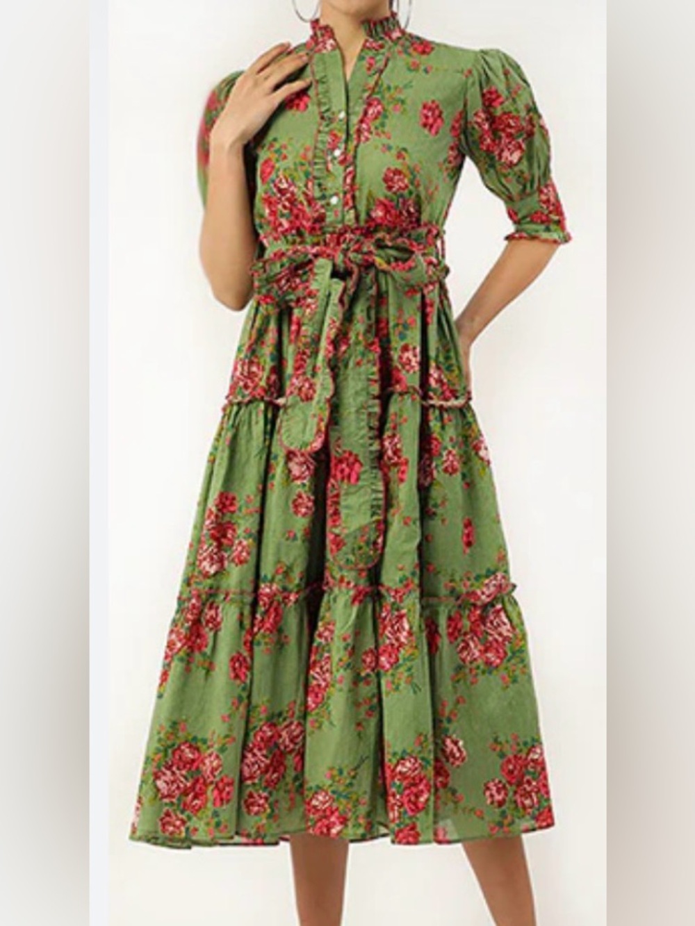 Farylina Floral Tie-Waist Midi Dress in Green with Red Print - NWOT - Size XL